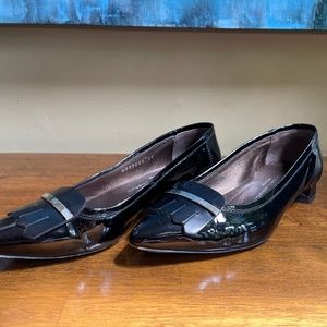 AGL black patent loafers with fringe